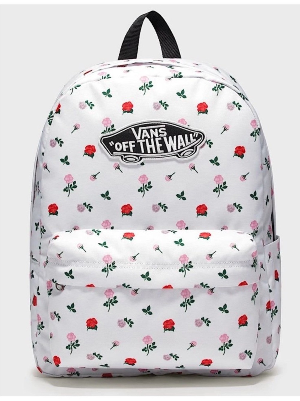 Vans White Floral Backpack with Red and Pink Roses